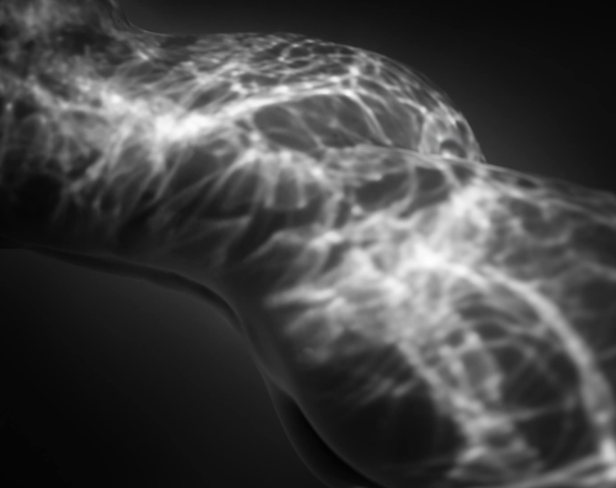 nu artistique feminin en noir et blanc. portrait underwater en noir et blanc prise par une femme. photo du ventre d'une femme enceinte ainsi que le haut des fesses qui est sous l'eau. La lumière est reflétée sur son corps